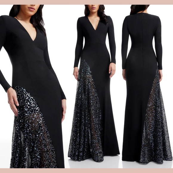 NEW $428 Dress the Population [ Large ] Long Sleeve Sequin Winnie Gown J2005